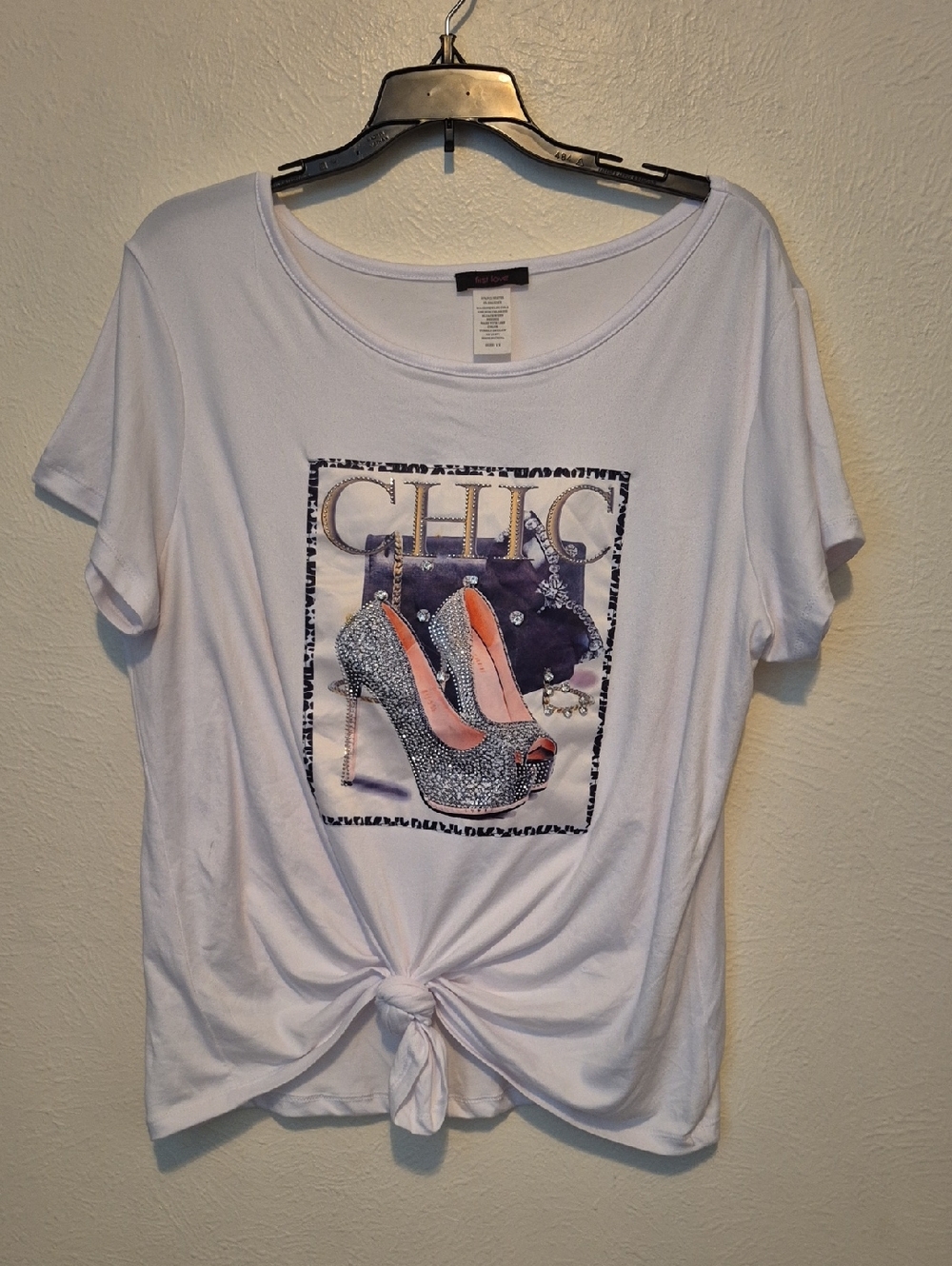 First Love White Short Sleeve Tie-Front Tee with Sparle Heel Graphic